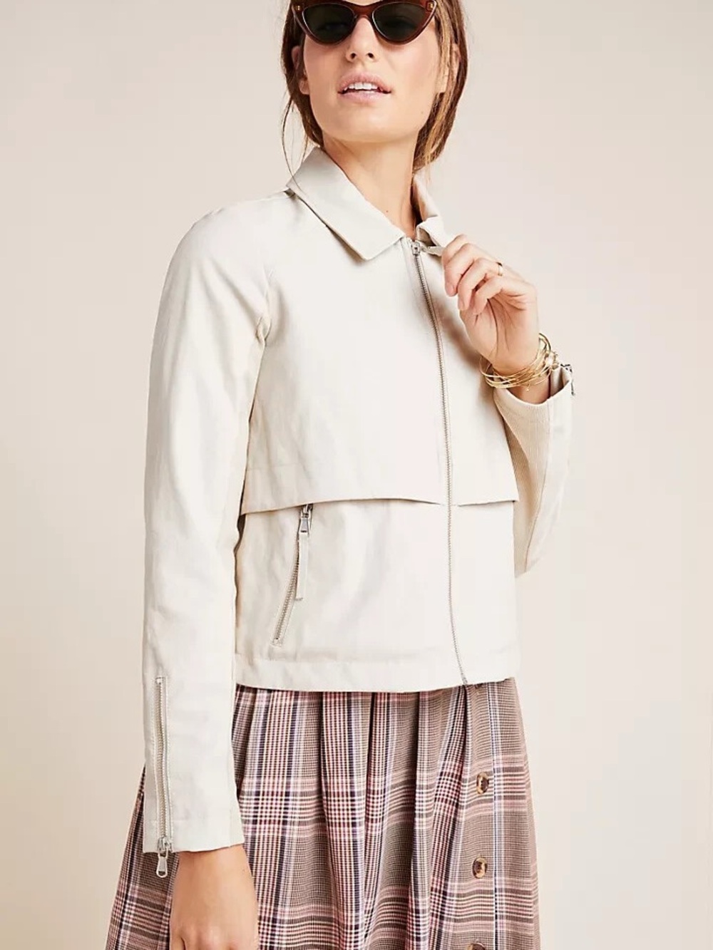 Anthropologie Faux Leather Jacket Ivory Cropped Anorak Jacket Moto Zip Front S